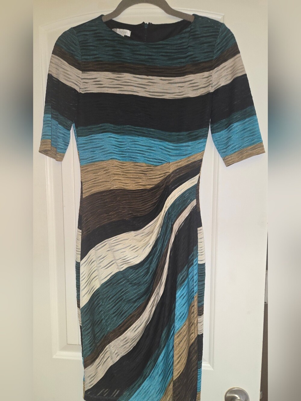 NWOT Striped Wave Midi Dress in Dark Brown. Tan, Teal, Black & Cream